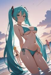 2d 2d_(artwork) 3girls ai_generated aqua_eyes aqua_hair bangs bare_arms bare_legs bare_midriff bare_shoulders bare_thighs beach bikini blonde_hair blush blush blush_lines breast_press breasts closed_mouth clothed clothing eyebrows eyebrows_visible_through_hair eyelashes female female_focus female_only from_below hair hair_between_eyes hair_ornament hand_on_thigh hatsune_miku highres kagamine_rin light-skinned_female light_skin long_hair looking_at_viewer medium_breasts meetex megurine_luka midriff navel outdoors partially_submerged petite pink_hair shiny_skin short_hair smile smiling smiling_at_viewer stable_diffusion standing thighs twintails very_long_hair vocaloid water wet wet_body wet_skin