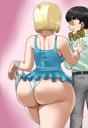 1boy 1girls android_18 android_18_(pinkpawg) ass ass assertive assertive_female big_ass big_butt black_hair black_hair_male blonde_female blonde_hair blonde_hair blonde_hair_female blue_dress cheating_wife clothed clothed_female clothed_male cyborg cyborg_girl dragon_ball dragon_ball_z dress human human_male large_ass large_butt light-skinned_female light-skinned_male light_skin pinkpawg purse underwear visible_underwear white_underwear