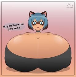 2025 big_breasts blue_eyes blue_hair brand_new_animal breasts breasts_bigger_than_head choker dropedartist english_text enormous_breasts furry furry_female furry_only huge_breasts looking_at_viewer michiru_kagemori nipples open_mouth racoon racoon_girl self_upload text text_bubble