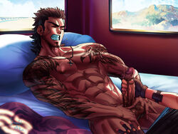 2boys abs bara bed black_hair dreadful_alibi erection facial_hair final_fantasy final_fantasy_xv gladiolus_amicitia gloves handjob lying male_only multiple_boys muscle naughty_face pecs penis penis_grab pillow prompto_argentum scar smile testicle_grab testicles topless window