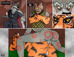 2025 anal anal_sex anthro canid canine canis clothing coat comic dialogue duo epic_games felid fletcher_kane fortnite from_behind_position glaring_at_another hi_res jewelry male male/male mammal mariojoe11 markings muscular necklace oscar_(fortnite) pantherine penetration scar sex slim tiger topwear wolf