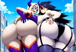 2girls ai_generated ass_focus big_ass big_breasts black_hair blonde_hair eyemask giantess hero_outfit_(mha) heroine long_hair midnight_(my_hero_academia) mount_lady my_hero_academia nemuri_kayama wide_hips yu_takeyama