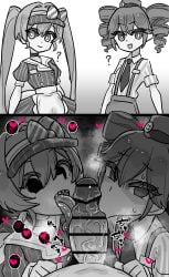 1boy 2d 2d_(artwork) 2girls :>= alternate_version_available black_and_white blowjob blowjob_face censored censored_penis clothed clothed_female clothed_female_nude_male clothing cooperative_fellatio fellatio female female_focus greyscale hat hatsune_miku heart heart-shaped_pupils heart_symbol hearts_around_head huge_cock hypnosis kasane_teto kasane_teto_(sv) licking licking_penis loving_it male mesmerizer_(vocaloid) mesmerizer_miku mesmerizer_teto nude nude_male oral oral_sex penis question_mark questionable_consent reloco sharp_teeth straight twin_drills twintails