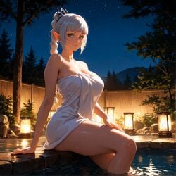 1girls ai_generated baldur's_gate_3 braided_hair green_eyes hand_on_thigh hartman_hips hourglass_figure looking_at_viewer looking_to_the_side night outdoors scar shadowheart sitting soft_smile teasing thick_thighs towel_wrap white_hair