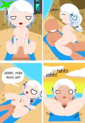 1boy1girl beach_sex big_ass big_breasts big_penis comic comic_page completely_nude_female completely_nude_male cowgirl cowgirl_position public_nudity public_sex radio_gosha spanish_dialogue spanish_text white_hair