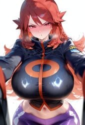 ai_generated angry black_coat close-up flustered full-face_blush genderswap_(mtf) gooner20209 huge_breasts leggings long_hair looking_at_viewer navel outstretched_arms pokemon pokemon_hgss pout purple_pants red_eyes red_hair sidelocks silver_(pokemon) wide_hips