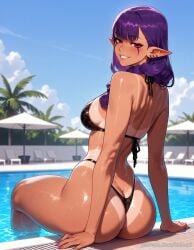 ai_generated ass balecxi bikini_tan black_bikini braid breasts butt_crack dark-skinned_female day elf esil_radiru facial_mark female from_behind grin long_hair looking_at_viewer looking_back outdoors pointy_ears pool poolside purple_hair red_eyes sitting smile solo solo_leveling swimsuit tanlines