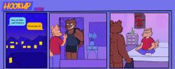 age_difference anthro ass athletic_wear back_muscles backpack bedroom big_power_bottom body_hair bong bottomwear bulge canid canine canis chadzadd chest_hair clothing comic comic_panel confident confident_male dennis_(chadzadd) dialogue domestic_dog door drugs excited excited_for_sex eyebrows footwear furniture gesture grin grindr gym_bottomwear gym_shorts head_tuft hi_res holding_object hookup imminent_sex inner_ear_fluff male male/male mammal mattress muscular nervous_smile night nude outside plant poster rear_view rooftop shirt shorts simple_background size_difference smile socks solo spencer_(chadzadd) t-shirt tail tank_top text text_message toony topwear tuft waving window wolf