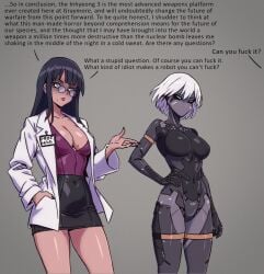 2d 2d_(artwork) 2girls android android_girl big_breasts breasts csaurageul english english_text experiment female female_focus female_only glasses human human_female long_hair offscreen_character robot robot_girl robot_humanoid scientist short_hair