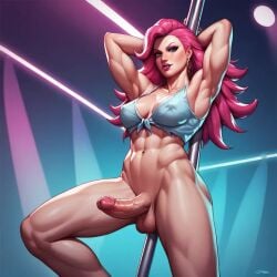 1futa ai_generated armpits big_breasts final_fight nipples_visible_through_clothing pink_hair poison_(final_fight) pole pole_dancing solo_focus street_fighter toned_futa