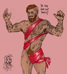 beard dog_tags english_text far_cry far_cry_5 gay grin grinning hairy hairy_armpits hairy_male jacob_seed male_focus male_only meme muscular muscular_male nipples no_visible_genitalia nude nude_guy_wrapped_in_ribbons_standing_(meme) oc pubic_hair red_beard red_hair redhead_male ribbon_bondage scarred_body scars solo_male text yaoi