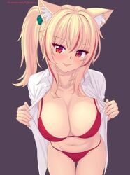 1female 1girl 1girls :p big_breasts blonde_female blonde_hair blonde_hair_female bra cat_ears cat_tail catgirl erect_nipples erect_nipples_under_clothes exposed_underwear female female_focus female_only horny_female looking_at_viewer make_up makeup nipples nipples_visible_through_clothing open_shirt original patreon patreon_username ponytail red_bikini red_bra red_eyes red_highlights red_panties red_thong red_underwear sexy solo solo_female thong tiffy tiffynyaa tits tongue tongue_out twitter twitter_username underwear