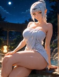 1girls ai_generated baldur's_gate_3 braided_hair circlet green_eyes hand_on_thigh hartman_hips hourglass_figure looking_at_viewer looking_to_the_side night outdoors scar shadowheart sitting soft_smile teasing thick_thighs towel_wrap white_hair