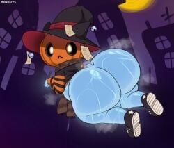 :< ambiguous_gender arm_warmers armwear ass ass_focus axoarts big_ass big_butt brown_scarf floating furry halloween hat headwear looking_at_viewer moon original_character pumpkin roblox scarf shoes solo striped_armwear sweatdrop sweating sweaty witch_hat