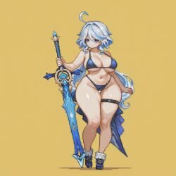 ai_generated fontaine_girls furina_(genshin_impact) furina_\\(genshin_impact\\) medium_breasts pixel_art plump saiyunnart simple_background standing sword thick_ass thick_thighs yellow_background