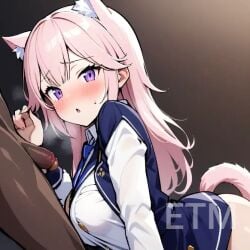 ai_generated blue_hair cat_ears cat_tail catgirl dark-skinned_male dark_skin female himari_neko neko pink_hair purple_eyes school_uniform super_smash_bros.