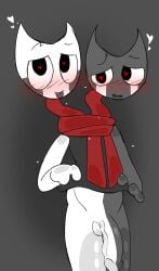 belly black_body black_shirt black_tongue blush blush cock dandy's_world dandys_world dick heart heart-shaped_pupils heart_symbol lifting_shirt multicolored_body penis razzle_and_dazzle_(dandy's_world) red_scarf roblox roblox_game scarf simple_background uranusplanet white_body