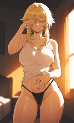 ai_generated blonde_hair breasts female female_only genshin_impact large_breasts lumine_(genshin_impact) midriff ozyvan panties sister sleepy tank_top thick yellow_eyes