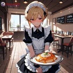 1boy ai_generated blonde_hair blonde_hair blush blush blush_lines blushing_male blushing_profusely brown_eyes crossdressing day earrings femboy flat_chest food ilfb looking_away looking_down maid maid_apron maid_cap maid_dress maid_headdress maid_outfit maid_uniform more_at_source otoko_no_ko short_hair shy standing trap