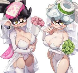 2girls armwear big_breasts black_hair blush bouquet breasts callie_(splatoon) cleavage ear_piercing earrings female female_only flower flowers garter_belt garter_straps gm_laz hair handwear huge_breasts legwear leotard marie_(splatoon) mole mole_under_eye pelvic_curtain pointy_ears revealing_clothes ring skimpy skimpy_clothes smile splatoon thick_thighs thighhighs thighs veil wedding_dress wedding_lingerie wedding_ring wedding_veil white_dress white_hair white_leotard white_thighhighs yellow_eyes