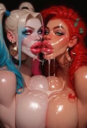 2girls ai_generated batman_(series) big_breasts big_lips bimbo bimbo_lips blonde blonde_female blonde_hair blonde_hair_female blue_highlights choker covered_in_cum cum cum_drip cum_on_breasts cum_string dc_comics earrings female female_focus female_only green_eyes harleen_quinzel harley_quinn harley_quinn_(injustice) heroine hoop_earrings hugoroman lipstick makeup naked naked_female necklace orientation_play poison_ivy red_hair red_highlights seductive seductive_eyes seductive_look seductive_mouth sluts superheroine sweat sweating sweaty sweaty_body sweaty_breasts tagme three_tone_hair yuri