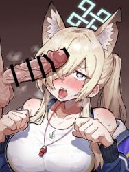 1boy animal_ears bar_censor blonde_hair blue_archive blue_jacket blush breasts censored commentary_request dog_ears dog_girl female halo heart heart-shaped_pupils highres jacket kanna_(blue_archive) kanna_(swimsuit)_(blue_archive) large_breasts looking_at_viewer one-piece_swimsuit paw_pose penis penis_awe penis_on_face ponytail portrait sakusaku_ebifurya_(hoshino_3939) saliva smegma smelling smelling_penis solo_focus swimsuit symbol-shaped_pupils testicles tongue tongue_out whistle white_one-piece_swimsuit