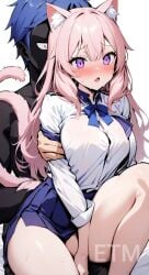 ai_generated blue_hair cat_ears cat_tail catgirl dark-skinned_male dark_skin female grabbing himari_neko long_hair nervous pink_hair purple_eyes super_smash_bros. uniform