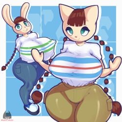 anthro breasts_bigger_than_head brown_hair duo feline female fully_clothed furry hourglass_figure huge_breasts jeans mimi_(pop'n_music) nipples_visible_through_clothing nyami_(pop'n_music) pop'n_music rabbit shirt_tucked_in skullysrealm thick_thighs twin_braids