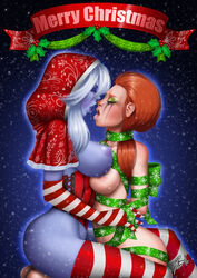 2016 2girls ass blue_skin breasts christmas corset dota_2 drow_ranger elbow_gloves female female_only gloves hips holidays large_breasts legs lipstick long_hair multiple_girls nipples open_mouth orange_hair purple_skin sideboob stockings teeth thighhighs thighs tongue tongue_out white_hair windranger xinaelle