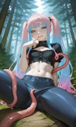 ai_generated arching_back blue_eyes blue_hair blunt_bangs crop_top female female_only forest frilled_top gradient_hair jeans long_sidelocks looking_at_viewer medium_breasts on_ground original_character pink_hair plopendil sidelocks sitting smile spread_legs tentacle_on_crotch tight_pants twintails two_tone_hair