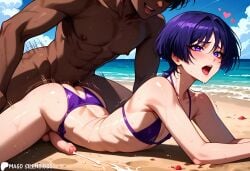 ai_generated anal_sex anal_sex beach bikini ejaculation_while_penetrated femboy flat_chest foreskin interracial lying_on_stomach magosilencioso moaning motion_lines otoko_no_ko scaramouche_(genshin_impact) sex_from_behind sissy trap