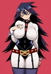 ai_generated arm_on_breast big_ass big_breasts black_hair cuffs_(clothing) eyemask hero_outfit_(mha) heroine long_hair midnight_(my_hero_academia) my_hero_academia nemuri_kayama painted_nails wide_hips