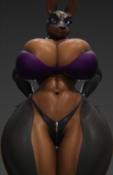 1girls 3d abs anthro areola_slip areolae big_areola big_breasts black_background breasts breasts_bigger_than_head canine clothing curvaceous curvy curvy_figure dobermann domestic_dog female female_only fit fit_female front_view furry huge_breasts looking_at_viewer low-angle_view mostly_nude panties purple_eyes slim_waist solo solo_female tagme thick_thighs voluptuous voluptuous_female wide_hips xlkev