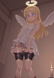 1futa ai_generated angel_wings bike_shorts blush chastity_cage crimvael dress futanari halo ishuzoku_reviewers jouthechou self_upload small_breasts surprised testicles white_dress