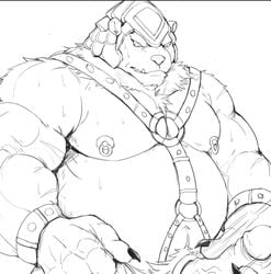 armor bear big_muscles cock_ring erection greyscale half-length_portrait harness helmet humanoid_penis league_of_legends line_art looking_down male male_only mammal masturbation monochrome mostly_nude motion_lines musclegut muscular nipple_piercing nipples overweight overweight_male penile_masturbation penis penis_harness piercing portrait pubes raymond158 retracted_foreskin sharp_teeth solo sweat teeth uncut vein veiny_penis video_games volibear