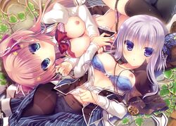 2girls absurdres black_legwear blue_bra blue_eyes blue_panties blush bow bow_bra bra bra_lift bra_pull breast_hold breasts butterfly_hair_ornament capelet crotch_seam hair_ornament hair_ribbon hakoniwa_logic hand_holding highres huge_filesize iriya_koko key lavender_hair long_hair looking_at_viewer lying maezono_kirika multiple_girls nipples on_side open_clothes open_shirt panties panties_under_pantyhose panty_pull pantyhose pink_bra pink_hair pink_panties polka_dot polka_dot_bra polka_dot_panties puffy_sleeves ribbon shirt thighband_pantyhose thighhighs two_side_up underwear yukie_(peach_candy)