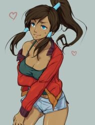 alternate_costume avatar_legends bad_deviantart_id bad_id blue_eyes breast_hold breasts brown_hair casual cleavage colorized contemporary dark-skinned_female dark_skin female gabriel_soderburg hair_tubes heart inactive_account jacket korra large_breasts long_hair midriff naso4 no_bra off_shoulder open_clothes open_jacket ponytail shirt short_shorts shorts smile solo strap_gap sweatdrop tank_top taut_clothes taut_shirt the_legend_of_korra topknot