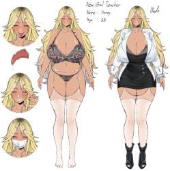 big_breasts black_vest blonde_hair bra bra_visible_through_clothes character_age character_name character_reference character_sheet clothed comparison curvy dyed_hair face_mask gyaru hair_ornament high_heels honey_(puzenketsu) mask mature_female nodo original peace_sign piercing puzenketsu reference_image reference_sheet seductive seductive_look seductive_smile stockings tanned_female tanned_skin teacher tongue_out tongue_piercing underwear white_vest yellow_eyes