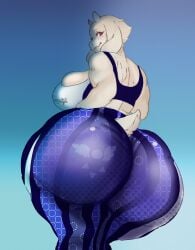 boss_monster cleavage_overflow deltarune female female_only flare_pants forbidden_pants gatoradeew goat_ears goat_girl horns huge_ass huge_breasts hyper_ass looking_at_viewer looking_back massive_ass mature mature_female mature_woman milf purple_pants red_eyes smiling_at_viewer solo tail toned_butt toriel two-tone_sports_bra undertale undertale_(series) white_fur wide_hips