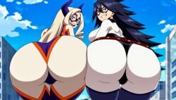 2girls ai_generated ass_focus big_ass big_breasts black_hair blonde_hair eyemask giantess hero_outfit_(mha) heroine long_hair midnight_(my_hero_academia) mount_lady my_hero_academia nemuri_kayama wide_hips yu_takeyama