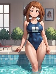 ai_generated boku_no_hero_academia cameltoe happy my_hero_academia ochako_uraraka one-piece_swimsuit partially_submerged school_swimsuit standing swimming_pool uraraka_ochako