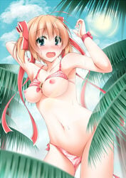 bikini blonde_hair blue_eyes blush breasts female hair_ribbon kamikita_komari little_busters! narukami_ginryuu navel nipples open_mouth palm_tree ribbon short_hair solo stomach swimsuit tied_hair tree twintails wardrobe_malfunction