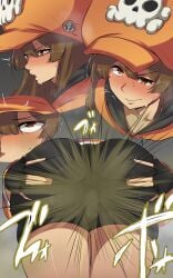 ass bent_over big_fart bike_shorts blush brown_eyes brown_hair butt butt_cheeks fart fart_cloud female female_focus female_only guilty_gear hat hoodie japanese_text may_(guilty_gear) open_mouth pirate_hat smell spread_ass stink_fumes stinky stinky_fart sweatdrop translation_request