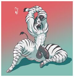 abs anthro balls big_penis black_stripes club_shaped_penis equine flaccid flex half-erect hands_above_head hooves huge_cock hyper hyper_muscles male male_only mammal mohawk muscles muscular pecs penis sitting smile solo tail_tuft thick_thighs uncut whatinsomnia zebra