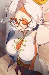 1girls breasts eyeshadow female glasses hair_ornament headband highres large_breasts looking_at_viewer makeup nintendo one_eye_closed purah red-framed_eyewear red_eyes red_eyeshadow red_headband rindoriko round_eyewear sheikah short_hair solo the_legend_of_zelda the_legend_of_zelda:_tears_of_the_kingdom updo white_hair