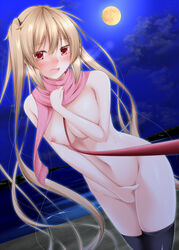 black_legwear blonde_hair blush breasts cloud covering covering_crotch dog_lead eyebrows_visible_through_hair female hair_between_eyes kantai_collection large_breasts long_hair looking_at_viewer moon murasame_(kantai_collection) narukami_ginryuu night night_sky nude ocean open_mouth pink_scarf red_eyes scarf sky solo thighhighs tied_hair twintails very_long_hair