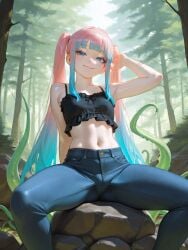 ai_generated arching_back blue_eyes blue_hair blunt_bangs crop_top female female_only forest frilled_top gradient_hair jeans long_sidelocks looking_at_viewer medium_breasts navel original_character pink_hair plopendil rock sidelocks sitting smile tentacle tight_pants twintails two_tone_hair