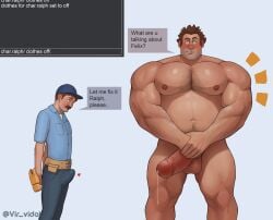 2boys balls bara biceps big_balls big_pecs big_penis blush blushing boner brown_hair bulge chest_hair clothed clothed_male clothed_male_nude_male clothes clothing completely_nude disney erection erection_under_clothes facial_hair fix-it_felix_jr. gay genitals hairy hairy_chest hairy_male hammer male male_focus male_only moustache muscles muscular muscular_male mustache nipples nude nude_male pecs pectorals penis precum precum_drip ralph_(wreck-it_ralph) size_difference testicles vir_vidal walt_disney_animation_studios wreck-it_ralph yaoi