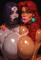 2girls ai_generated alien alien_girl alien_humanoid big_breasts big_lips bimbo bimbo_lips black_lipstick covered_in_cum cum cum_drip cum_on_breasts cum_string dc_comics demon demon_girl earrings female female_focus female_only green_eyes heroine huge_breasts hugoroman koriand'r lipstick naked naked_female necklace pink_lipstick pink_nail_polish pink_nails purple_eyes purple_hair rachel_roth raven_(dc) red_hair seductive seductive_eyes seductive_look sluts starfire starfire_(comics) superheroine sweat sweating sweaty sweaty_body sweaty_breasts tagme teen_titans yuri