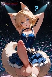 1boy ai_generated balls blonde_hair blue_eyes choker erection erection_under_skirt femboy flat_chest fox fox_ears fox_tail huge_balls huge_cock huge_testicles ilfb large_balls long_penis looking_at_viewer medium_hair more_at_source open_mouth original original_character otoko_no_ko precum skirt skirt_up testicles thighhighs tongue trap